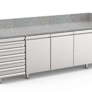 Pizzakylbänk Inomak PIZC888/ND/I/G, Granit Skiva, 3 dörrar för 60×40 plåtar och 6st neutrala lådor 60×40 R290, Mått: 2540x800x873mm